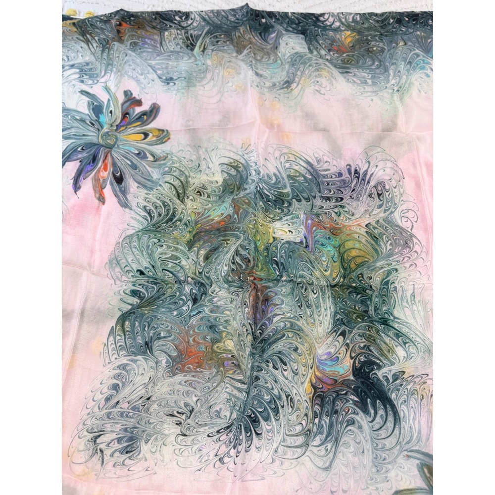 Vintage 100% Silk Scarf Hand Rolled Made in Japan Pink Green Marbled Print 31x31 - Picture 6 of 10